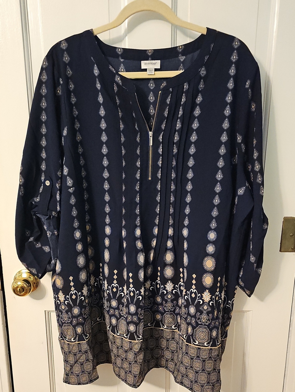 Avenue Navy and Cream Printed Zip-Front Tunic
